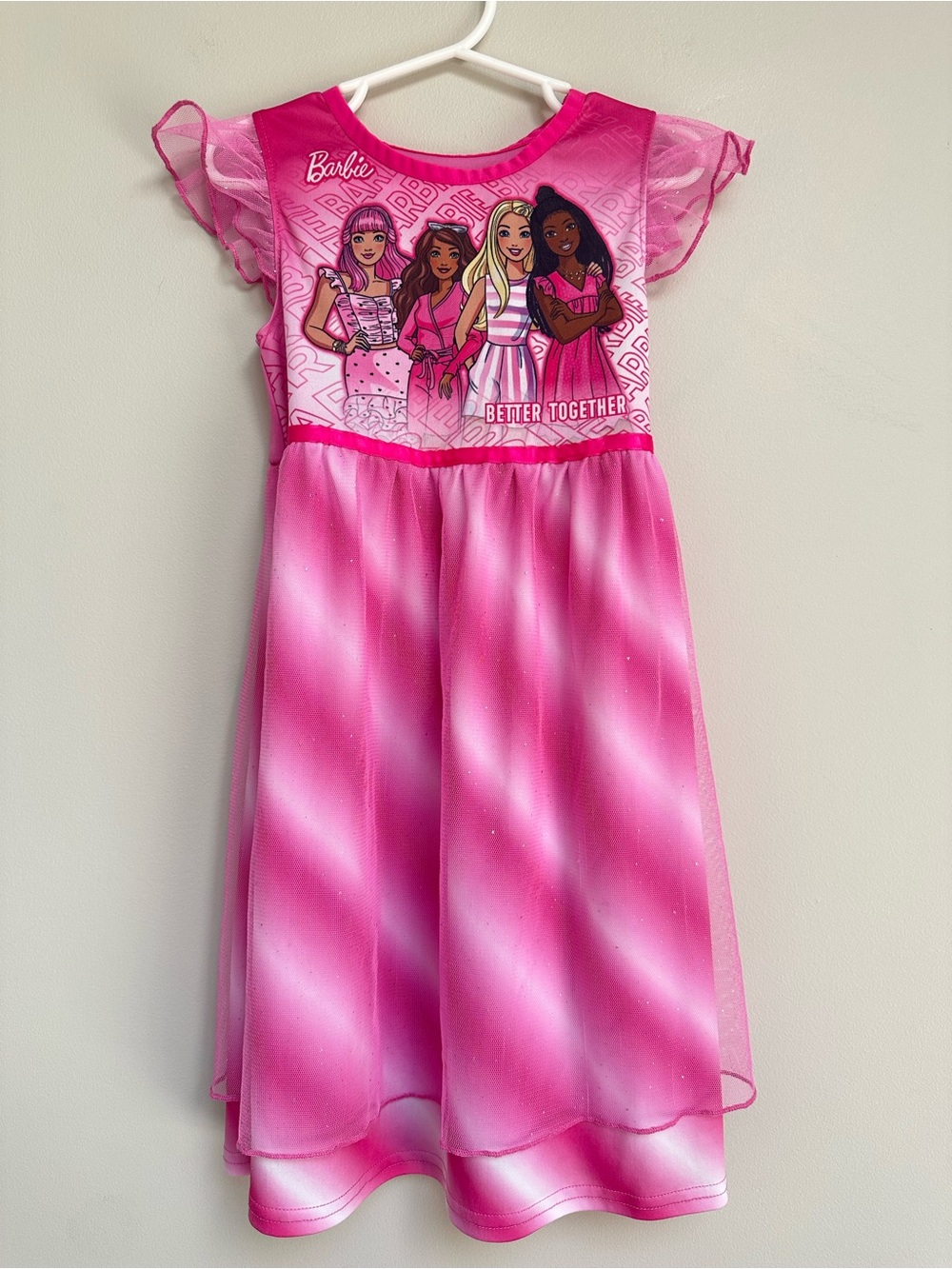 Barbie Pink Sparkly Pajama Nightgown Dress Girls 4T Flutter Sleeve